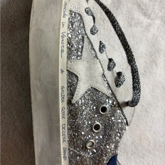 Golden Goose Hi Star Sneakers with Glitter and Blue Accents